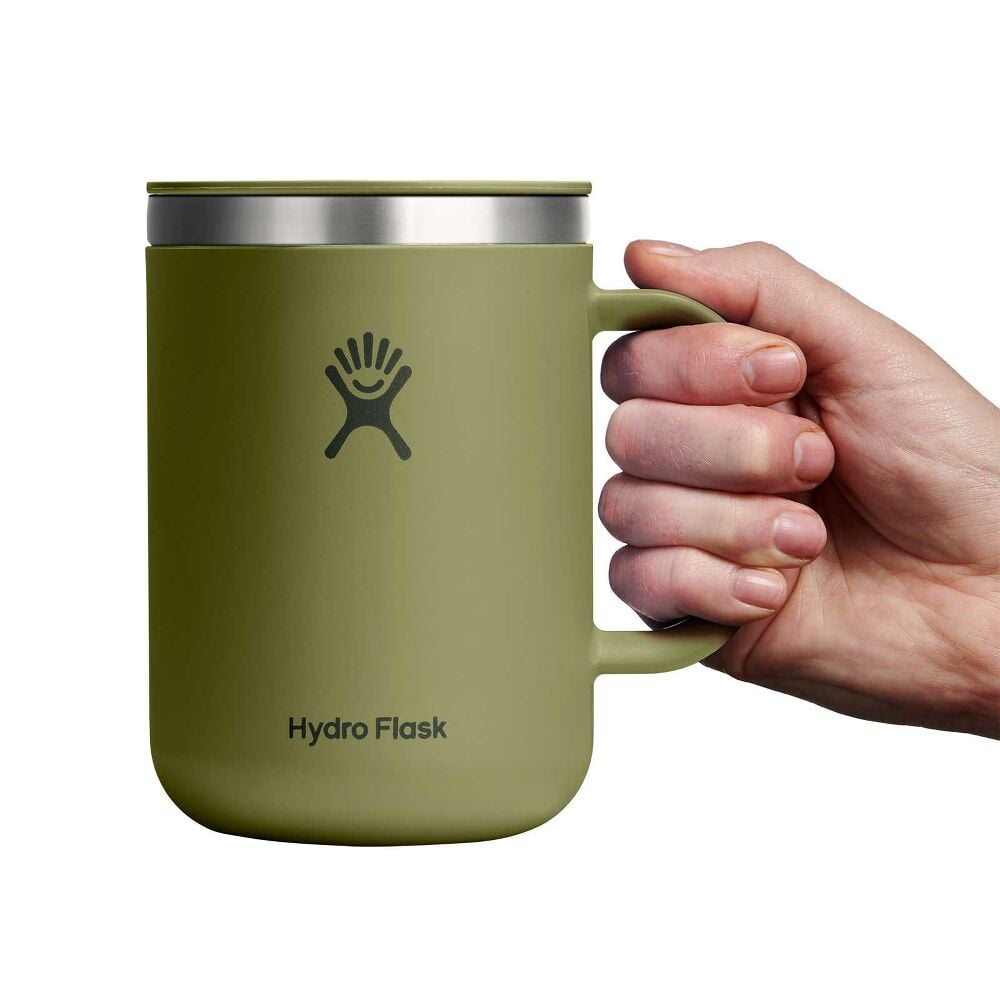 Olive green Hydro Flask insulated mug with handle, matching green lid, stainless steel rim, small sliding sip opening, and Hydro Flask logo on front.